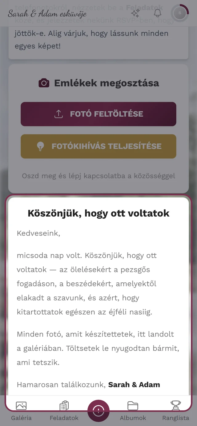 Köszönetnyilvánítás widgetként az esemény kezdőoldalán, vendégnézetben