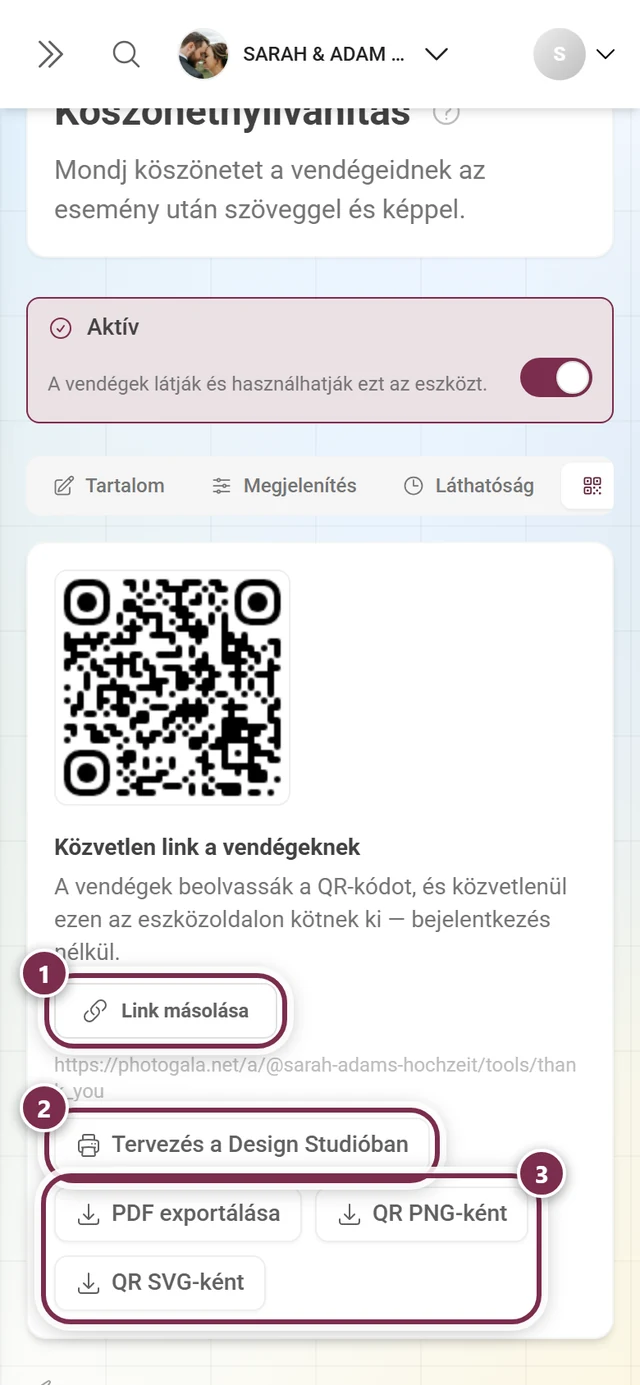 QR-kód fül a közvetlen linkkel, a Design Studio gombbal és a három fájlexporttal