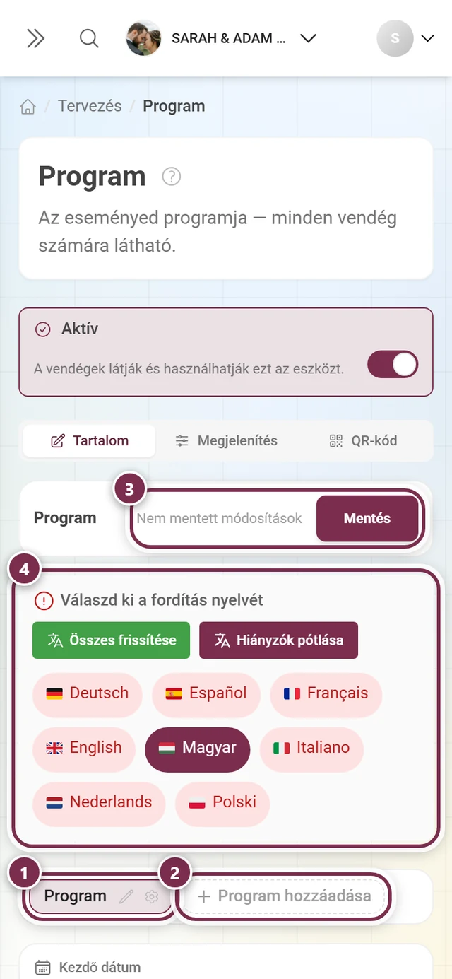 Program-eszköz a kiemelt fülsorral, Program hozzáadása gombbal, nyelvsávval és Mentéssel