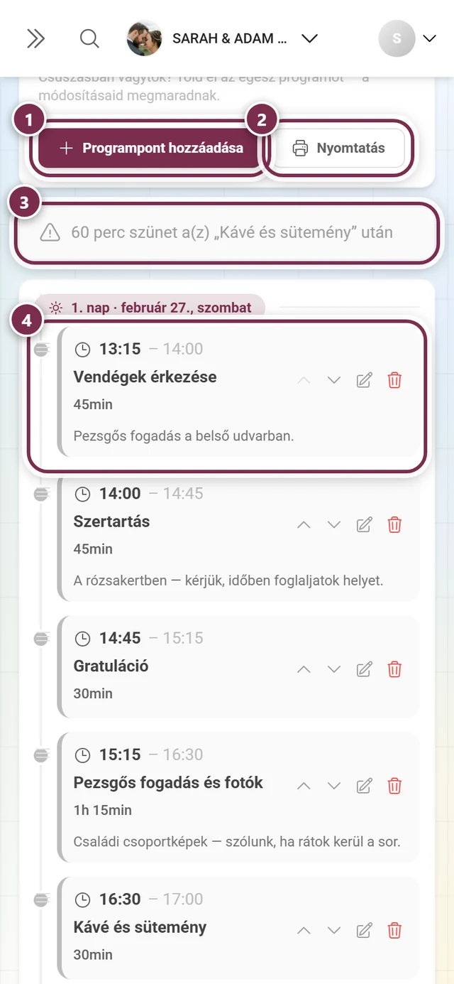 Program-szerkesztő a kiemelt Programpont hozzáadása, Nyomtatás, a hiány-figyelmeztetés és az első programpont