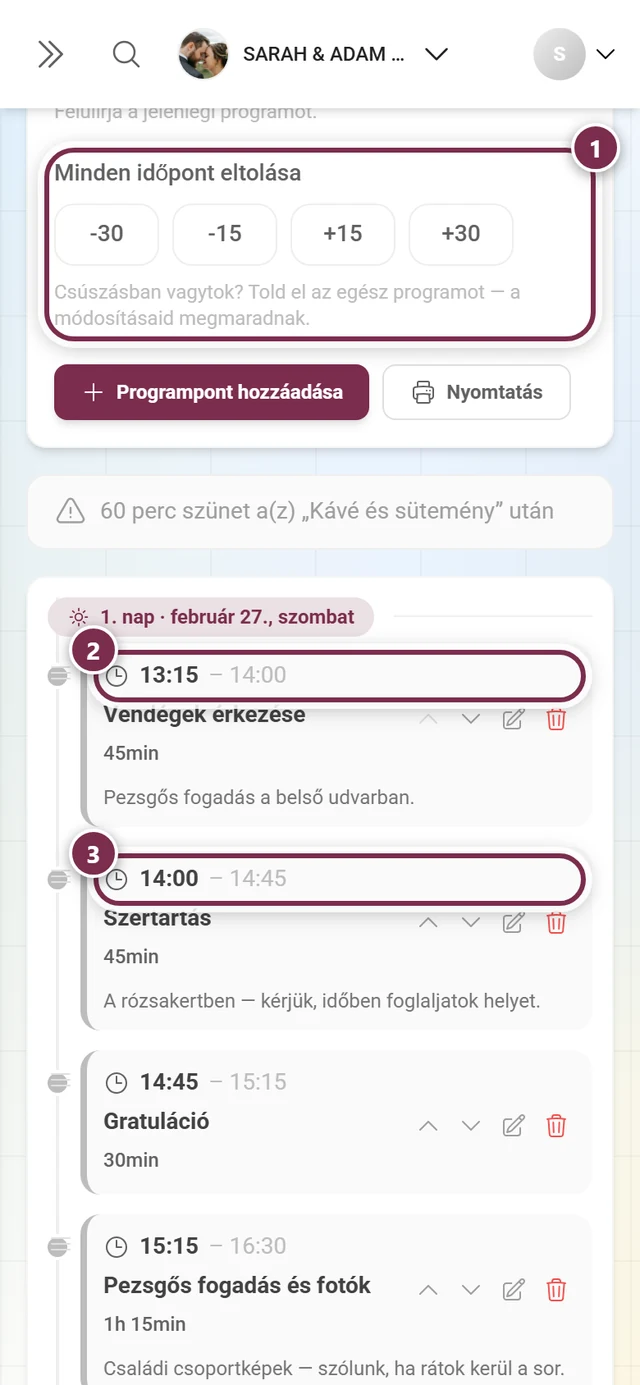 Minden időpont eltolása blokk a négy gombbal és az első két kiemelt programponttal