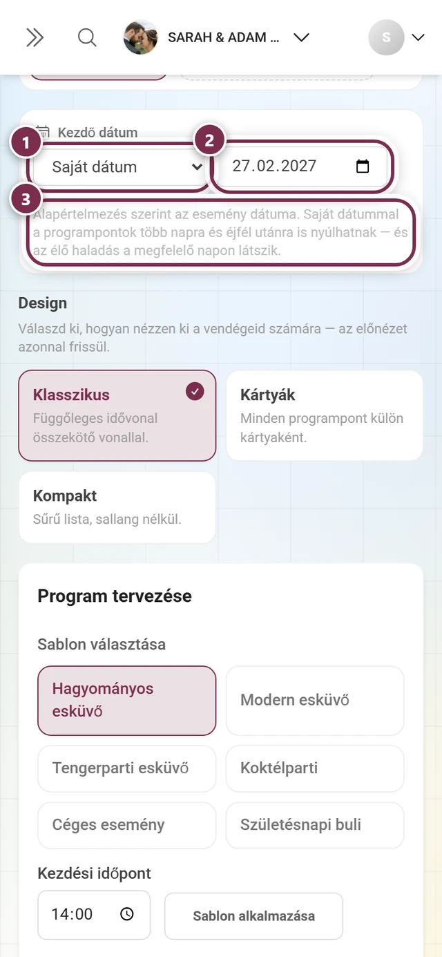 Kezdő dátum szakasz a kiemelt legördülő listával, dátummezővel és magyarázó szöveggel