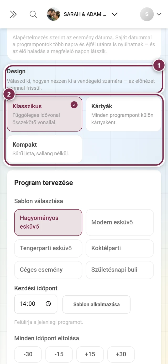 Design szakasz a kiemelt címsorral és megjegyzéssel, valamint a három design-kártyával