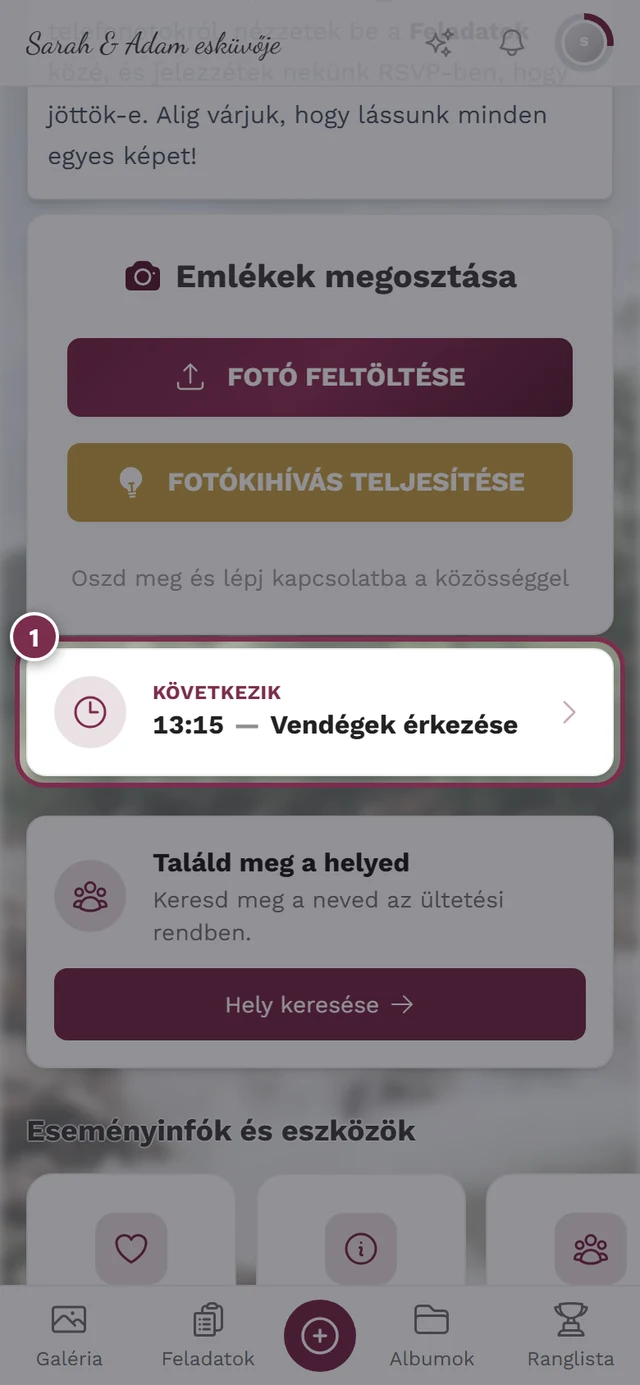 A galéria kezdőoldala a Következik program-widgettel