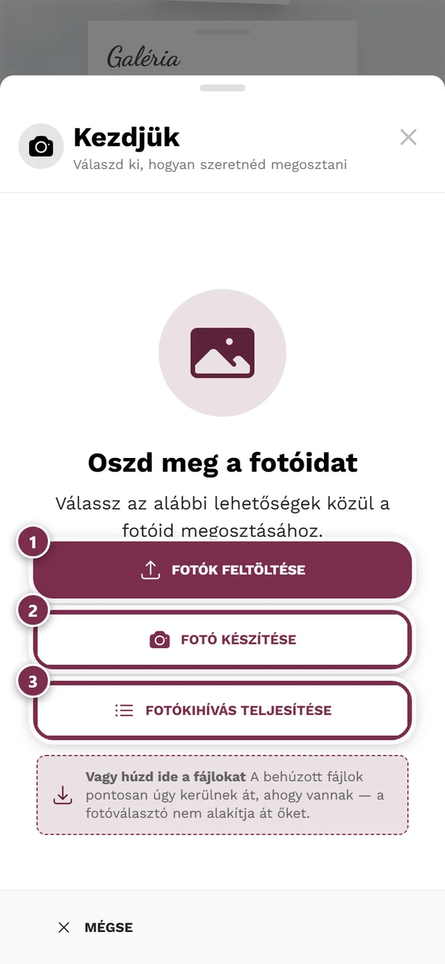 Feltöltési párbeszédablak a Fotó kiválasztása és Fotó készítése forrásokkal