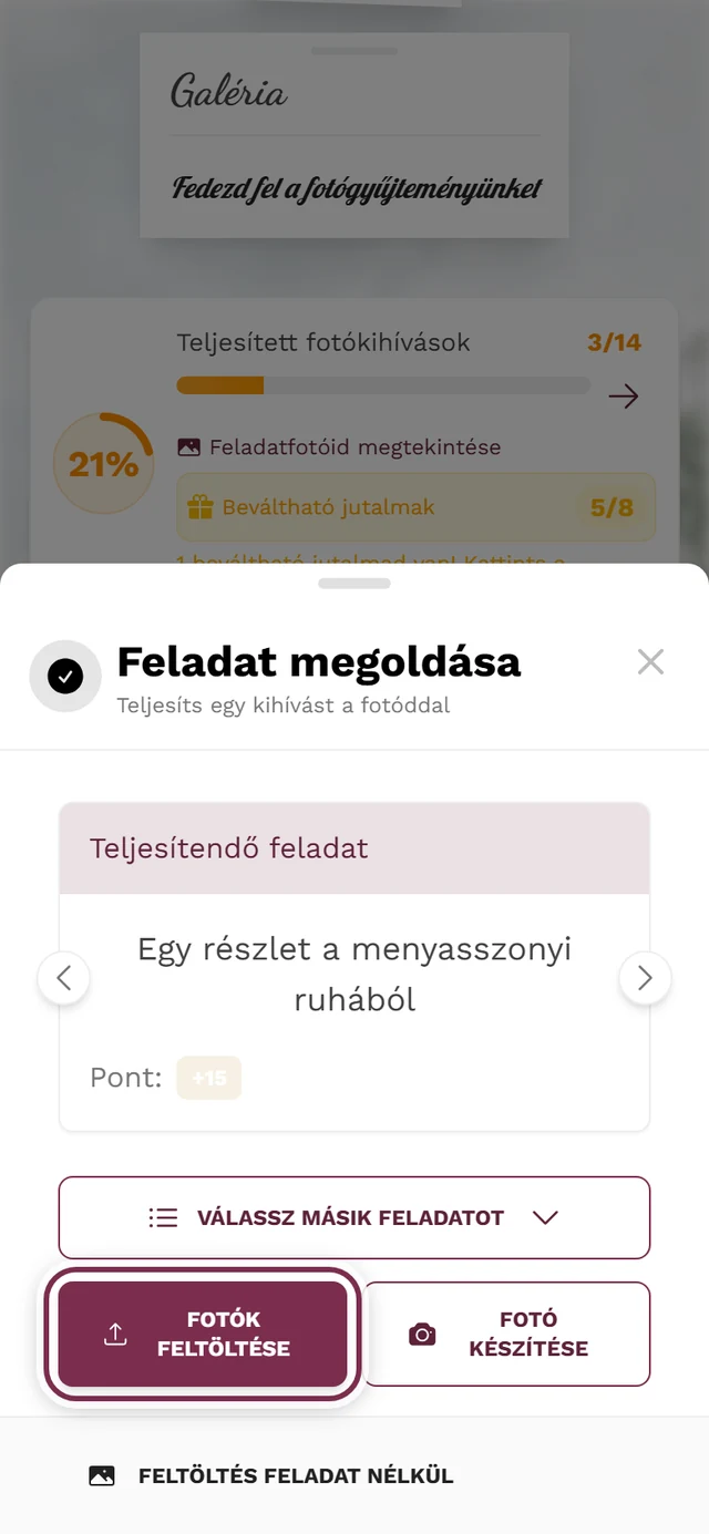 A feltöltési párbeszédablak 2. lépése a kiválasztott kihívással, a kiemelt Fotó kiválasztása gombbal