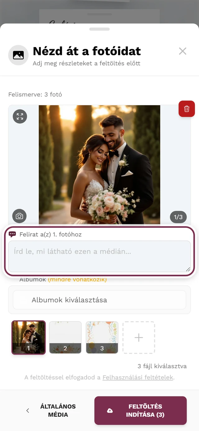 Feltöltés-ellenőrző képernyő a kiemelt felirat mezővel