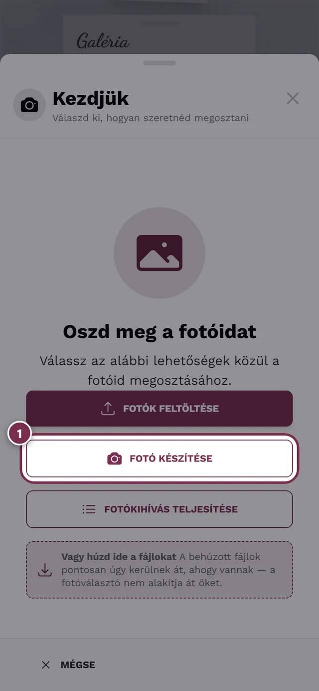 Feltöltési párbeszédablak, kiemelt Fotó készítése gombbal