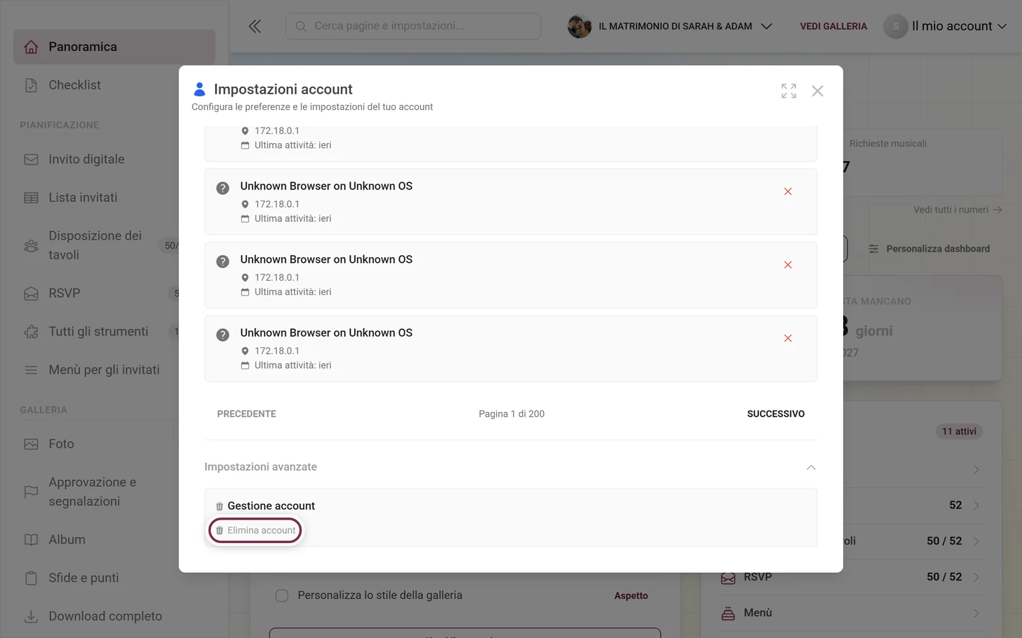 Scheda Sicurezza, Impostazioni avanzate espanse con evidenziata la voce Elimina account
