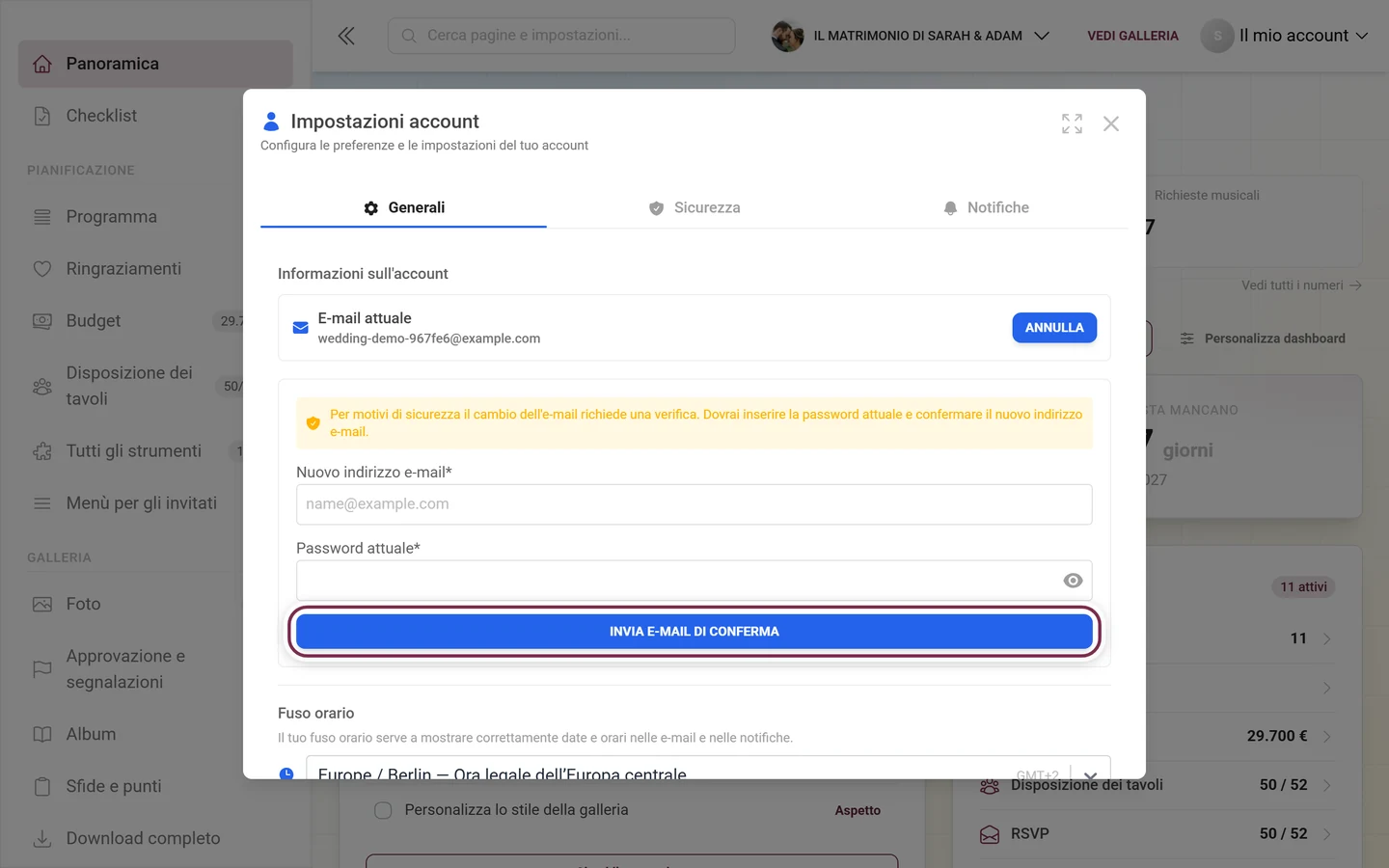 Impostazioni account con il modulo per il cambio e-mail aperto, evidenziato il pulsante Invia e-mail di conferma