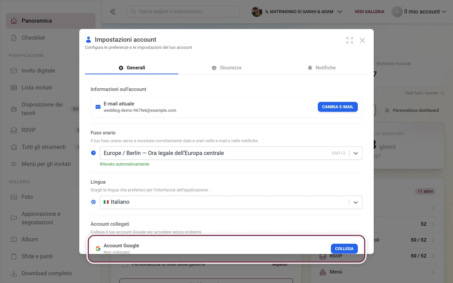Impostazioni account, sezione Account collegati con la riga evidenziata Account Google