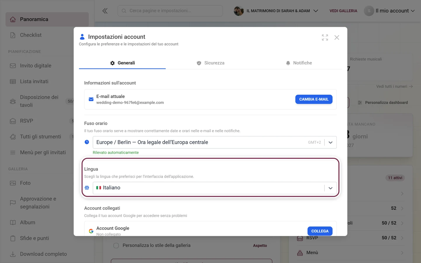 Impostazioni account, scheda Generale, con evidenziata la sezione Lingua e il campo di scelta