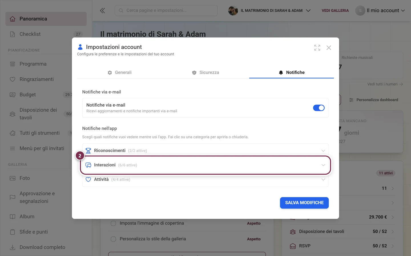 Scheda Notifiche con le tre categorie chiuse, l'intestazione Interazioni è evidenziata in rosso