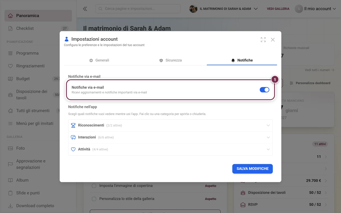 Scheda Notifiche con il riquadro Notifiche via e-mail evidenziato in rosso e l'interruttore a destra