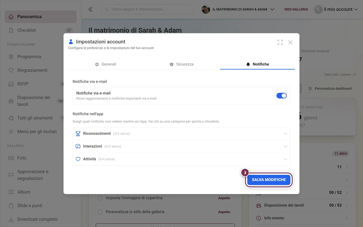 Parte finale della scheda Notifiche con il pulsante Salva modifiche evidenziato in rosso