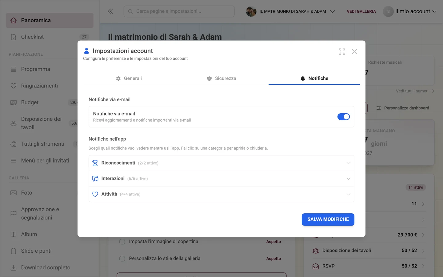 Finestra Impostazioni account con la scheda Notifiche attiva