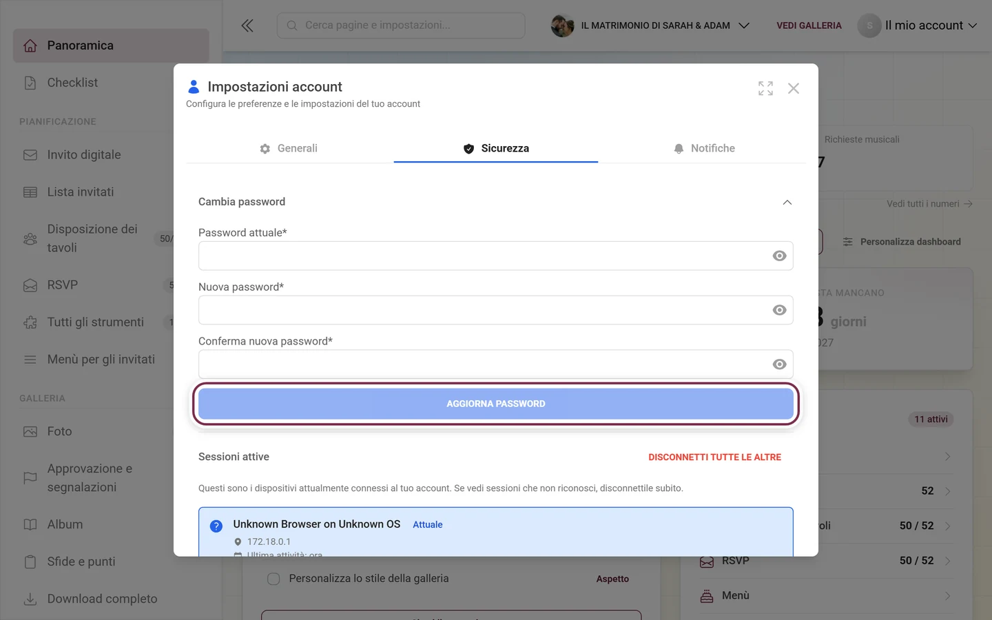 Scheda Sicurezza delle impostazioni account con il modulo della password espanso, evidenziato il pulsante finale