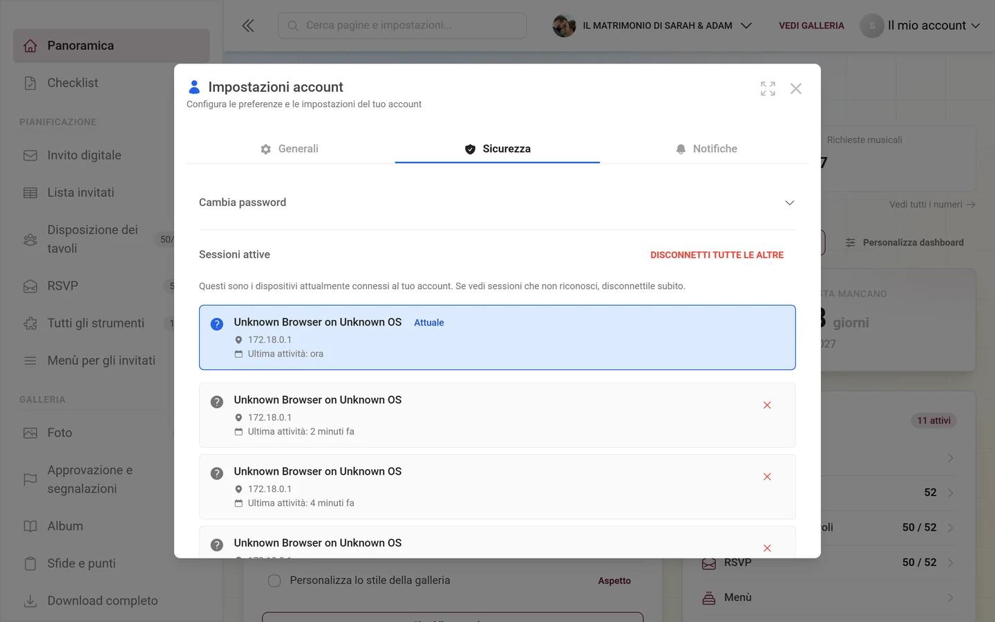 Scheda Sicurezza delle impostazioni account con l'elenco delle sessioni attive