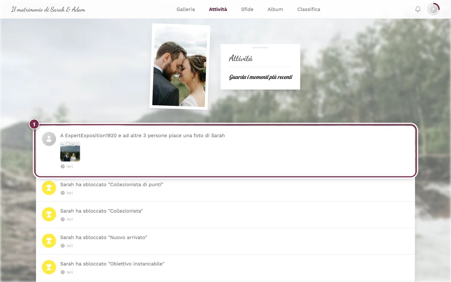 Feed delle attività, la riga più in alto e quindi più recente è evidenziata