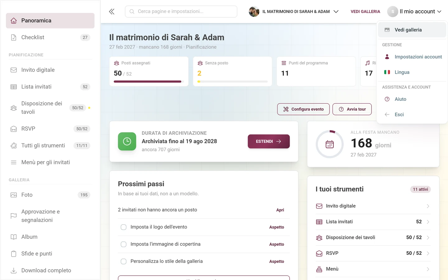 Menu Il mio account aperto con le sezioni Gestione e Assistenza e account