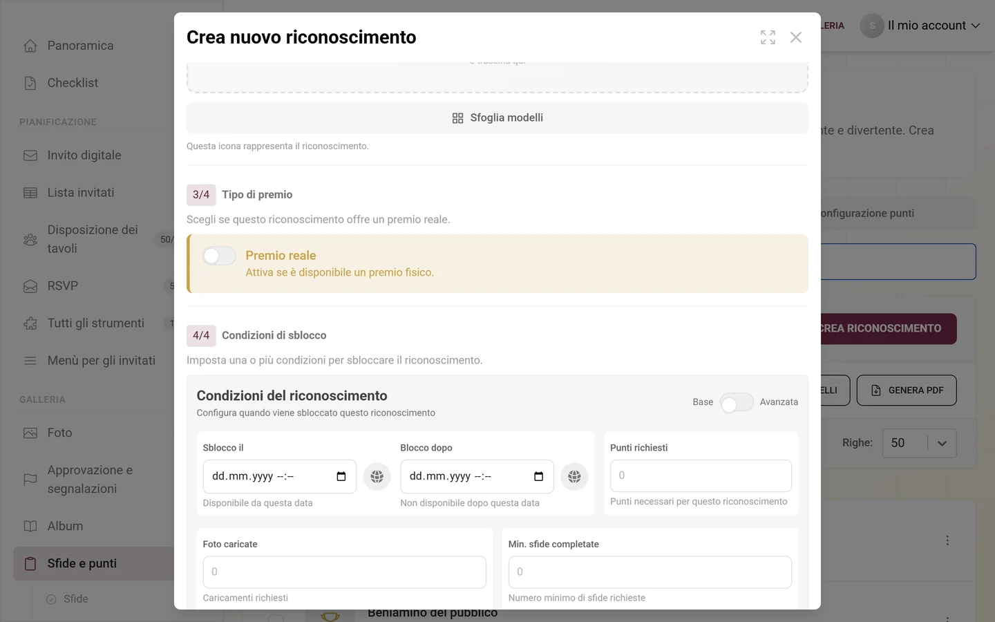 Sezione 4/4 Condizioni di sblocco con il selettore Base/Avanzata e i campi Sblocco il, Blocco dopo, Punti richiesti, Foto caricate