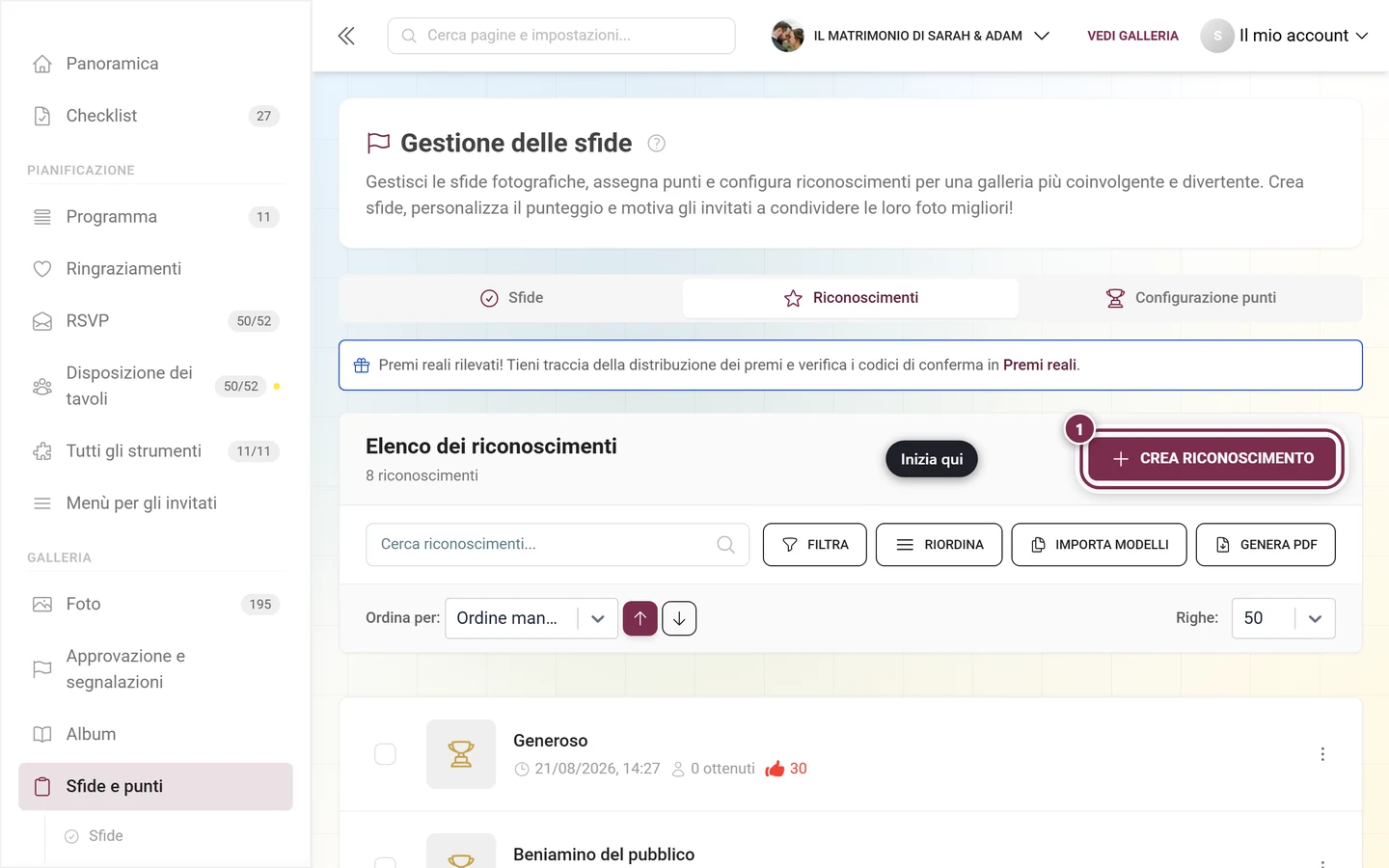 Gestione dei riconoscimenti con il pulsante Crea riconoscimento evidenziato in rosso sopra l'elenco