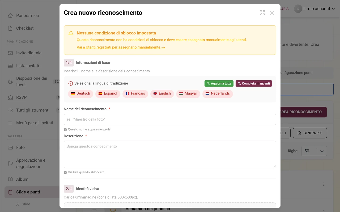 Finestra per creare un riconoscimento con nome, condizione e premio