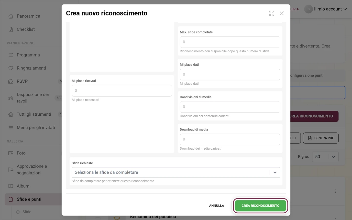 Parte inferiore dell'editor dei riconoscimenti con il pulsante Crea riconoscimento evidenziato in rosso accanto ad Annulla