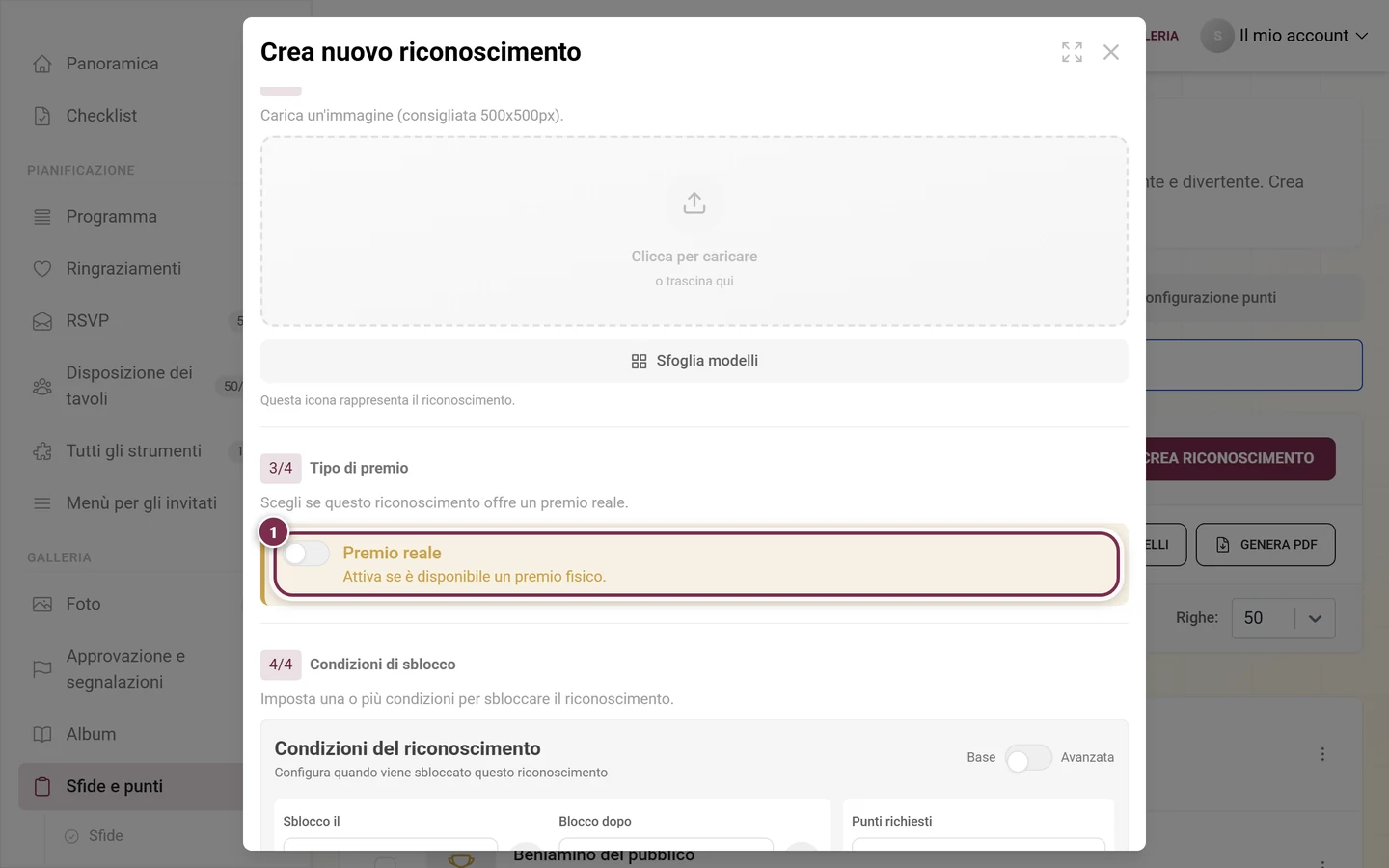 Sezione Tipo di premio nell'editor con l'interruttore Premio reale evidenziato in rosso, ancora disattivato