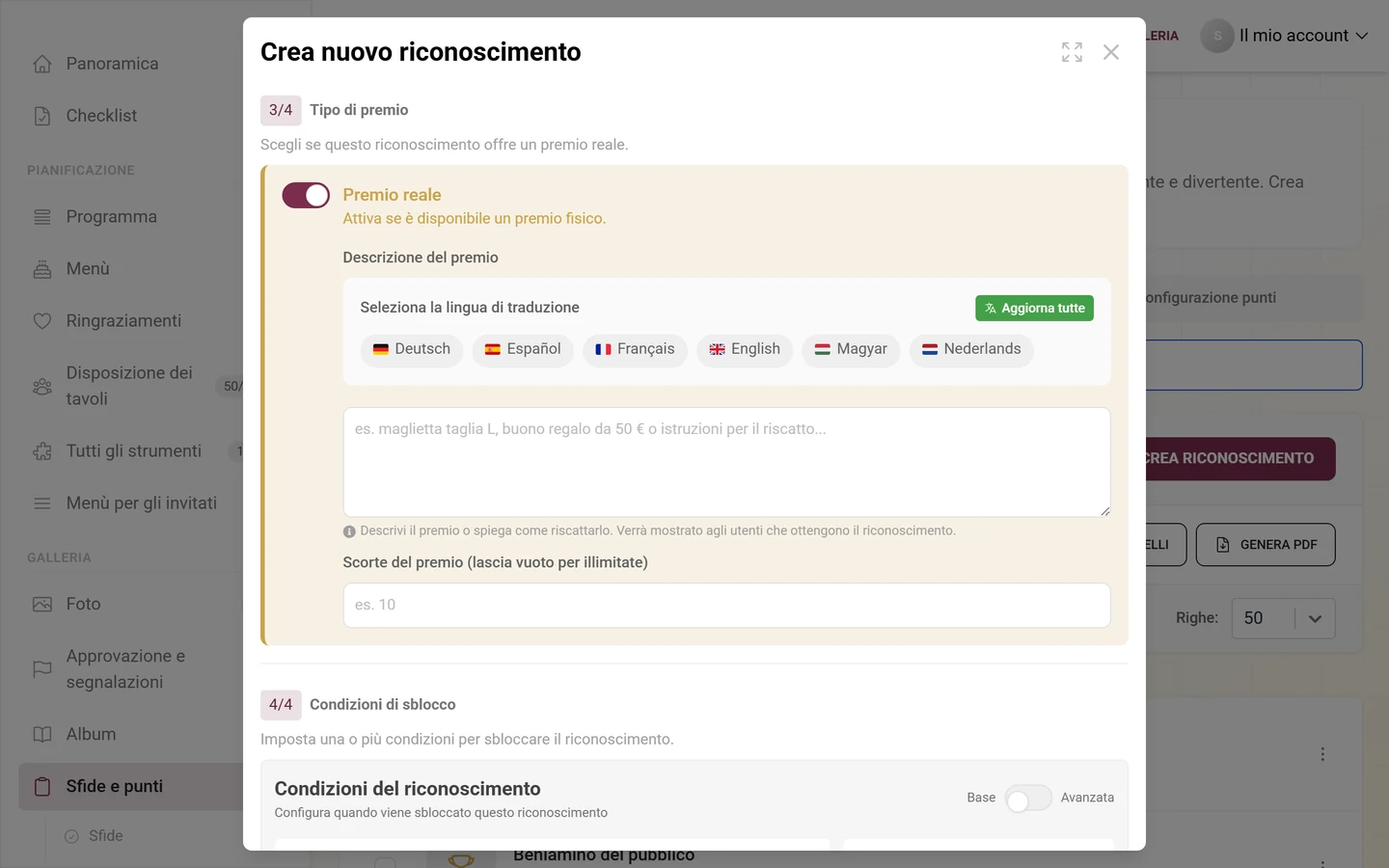 Sezione 3/4 Tipo di premio con l'interruttore Premio reale attivato, Descrizione del premio e Scorte del premio