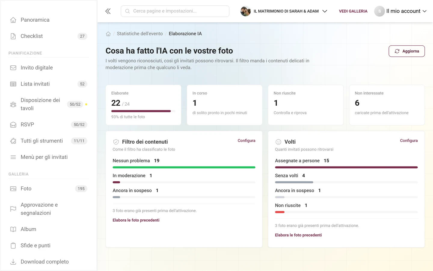 Le schede Filtro dei contenuti e Volti con le loro barre, sopra i quattro riquadri dei numeri chiave