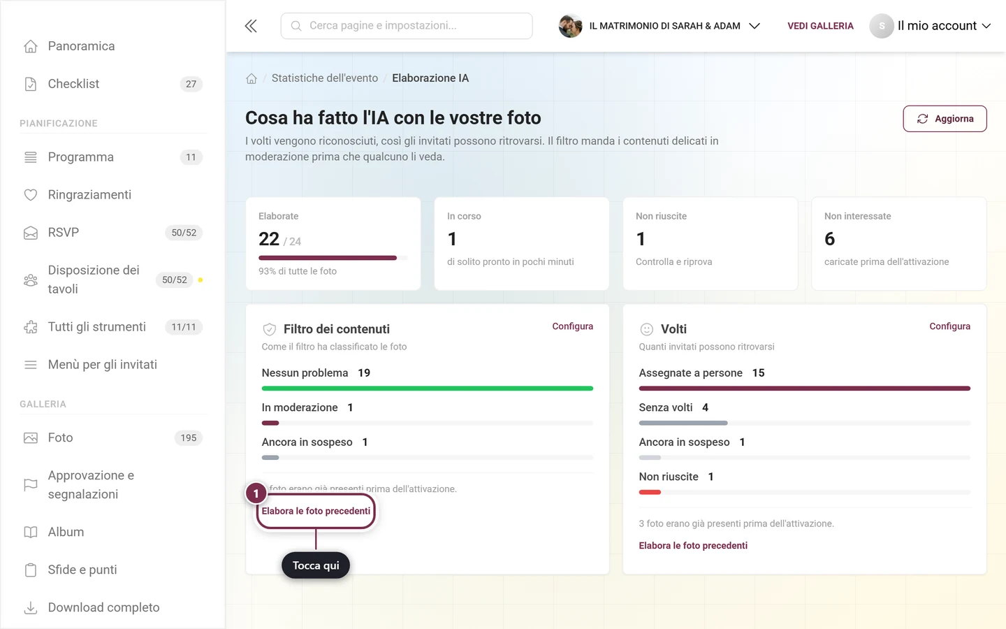 Scheda di funzione dell'elaborazione IA con il pulsante Elabora le foto precedenti evidenziato