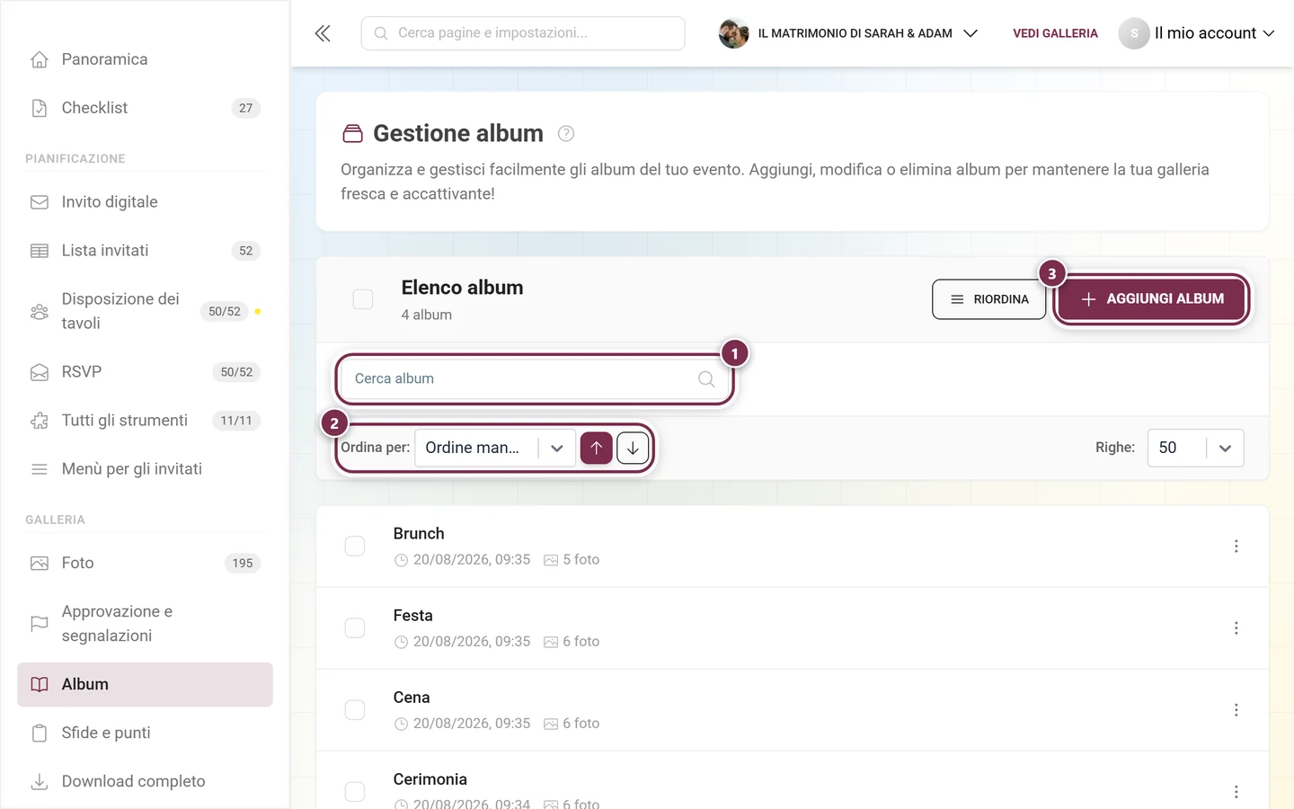 Intestazione della gestione degli album con campo di ricerca, ordinamento e pulsante Aggiungi album evidenziati