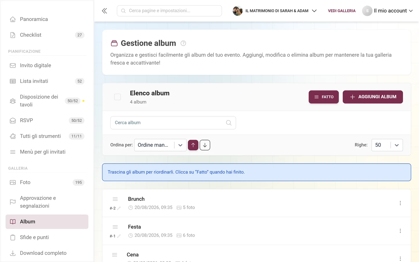 Gestione degli album in modalità riordino con l'indicazione sul trascinamento e il pulsante Fatto
