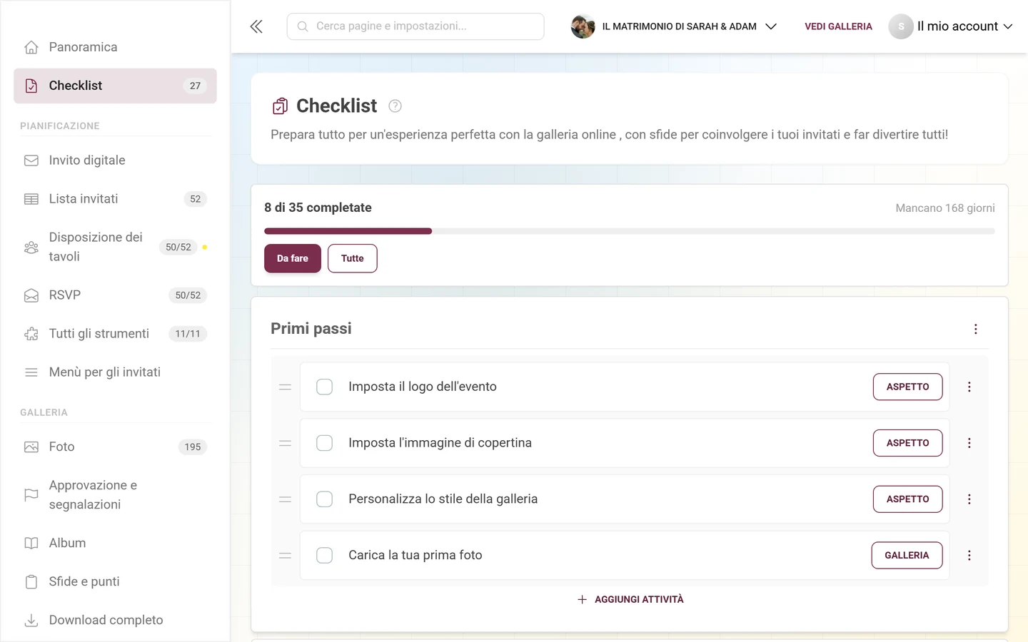 Checklist di configurazione con intestazione dei progressi, categorie e attività