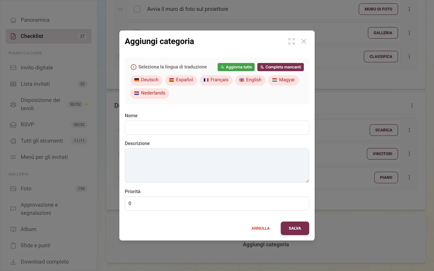Finestra Aggiungi categoria con cambio lingua, nome, descrizione e priorità