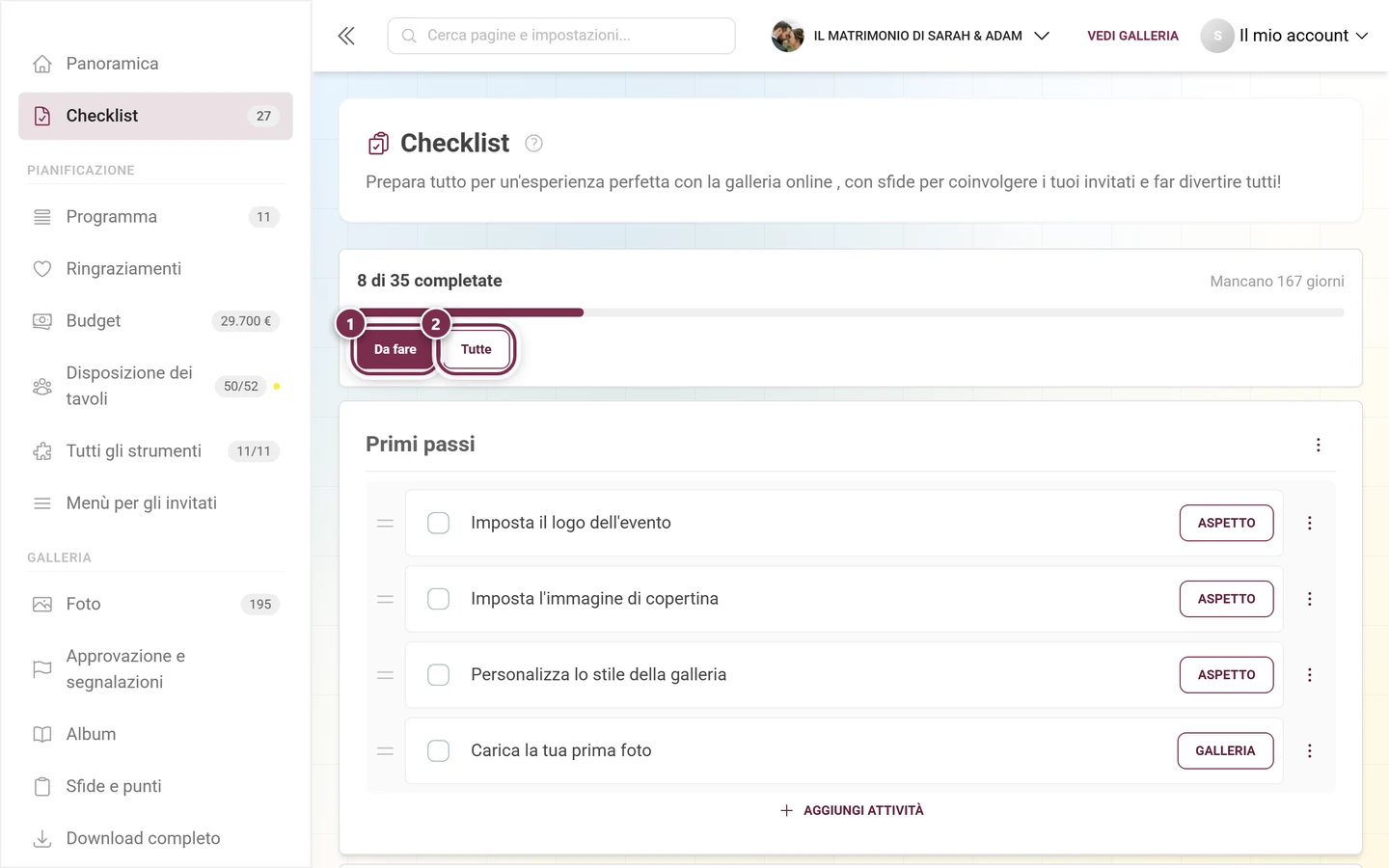 Intestazione della vista completa della checklist con i pulsanti filtro evidenziati Da fare e Tutte