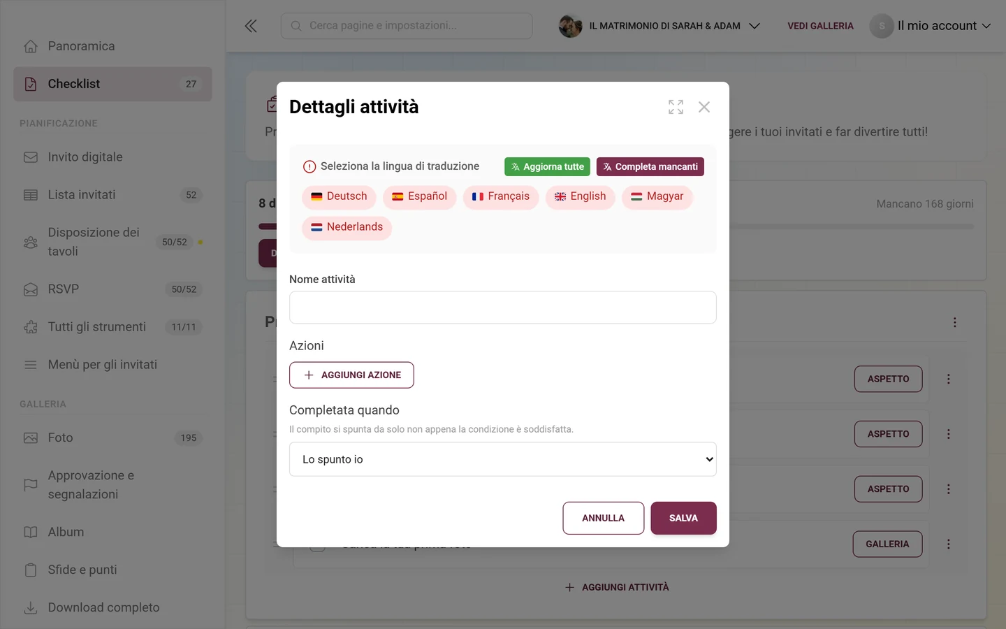 Finestra Dettagli attività con cambio lingua, nome attività, Aggiungi azione e la selezione Completata quando