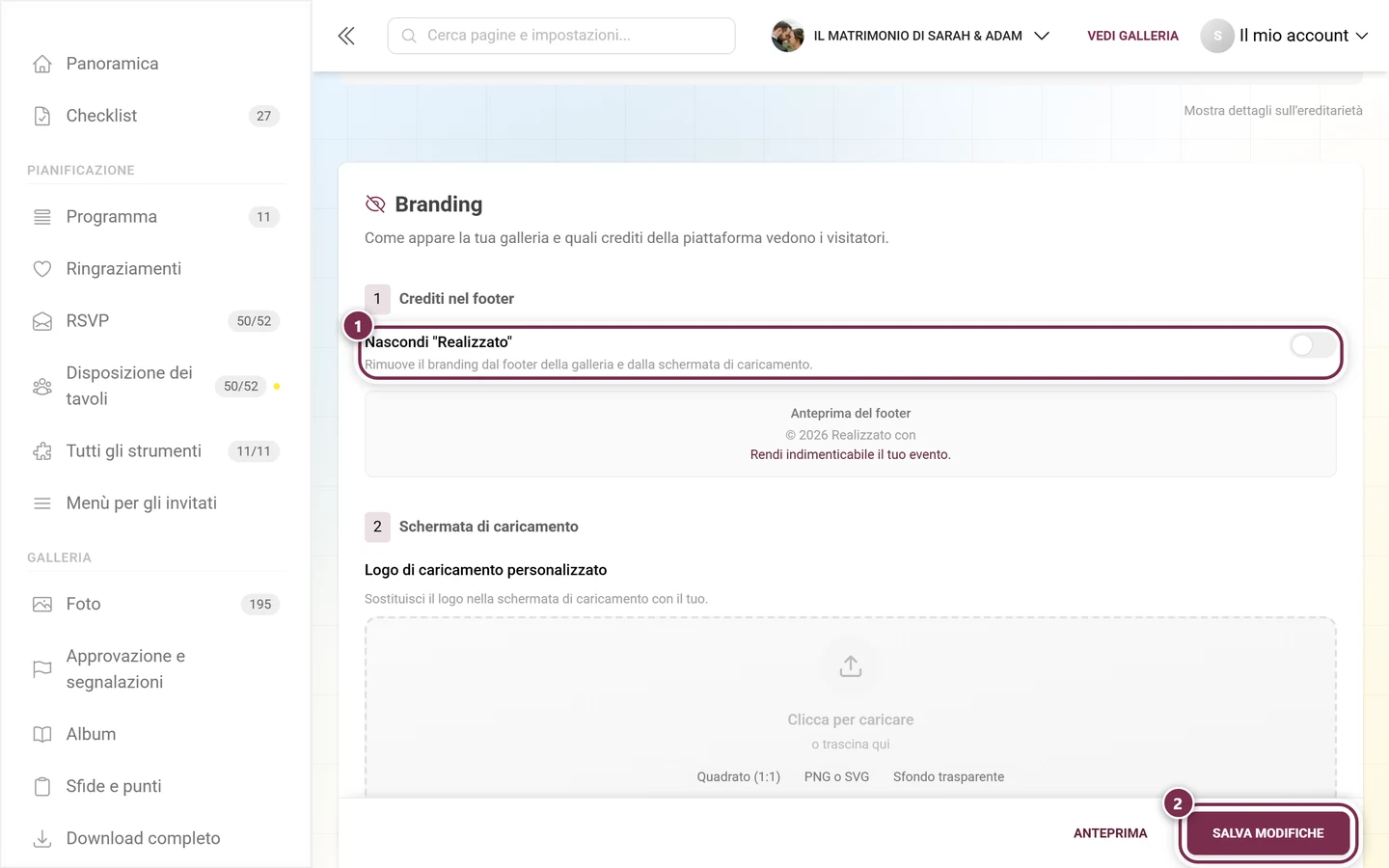 Sezione Crediti nel footer con l'interruttore e la barra di salvataggio evidenziati