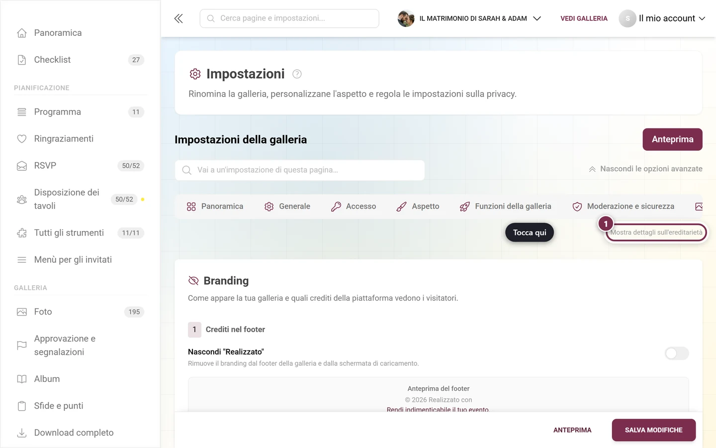Scheda White-Label con l'interruttore per i dettagli sull'ereditarietà evidenziato