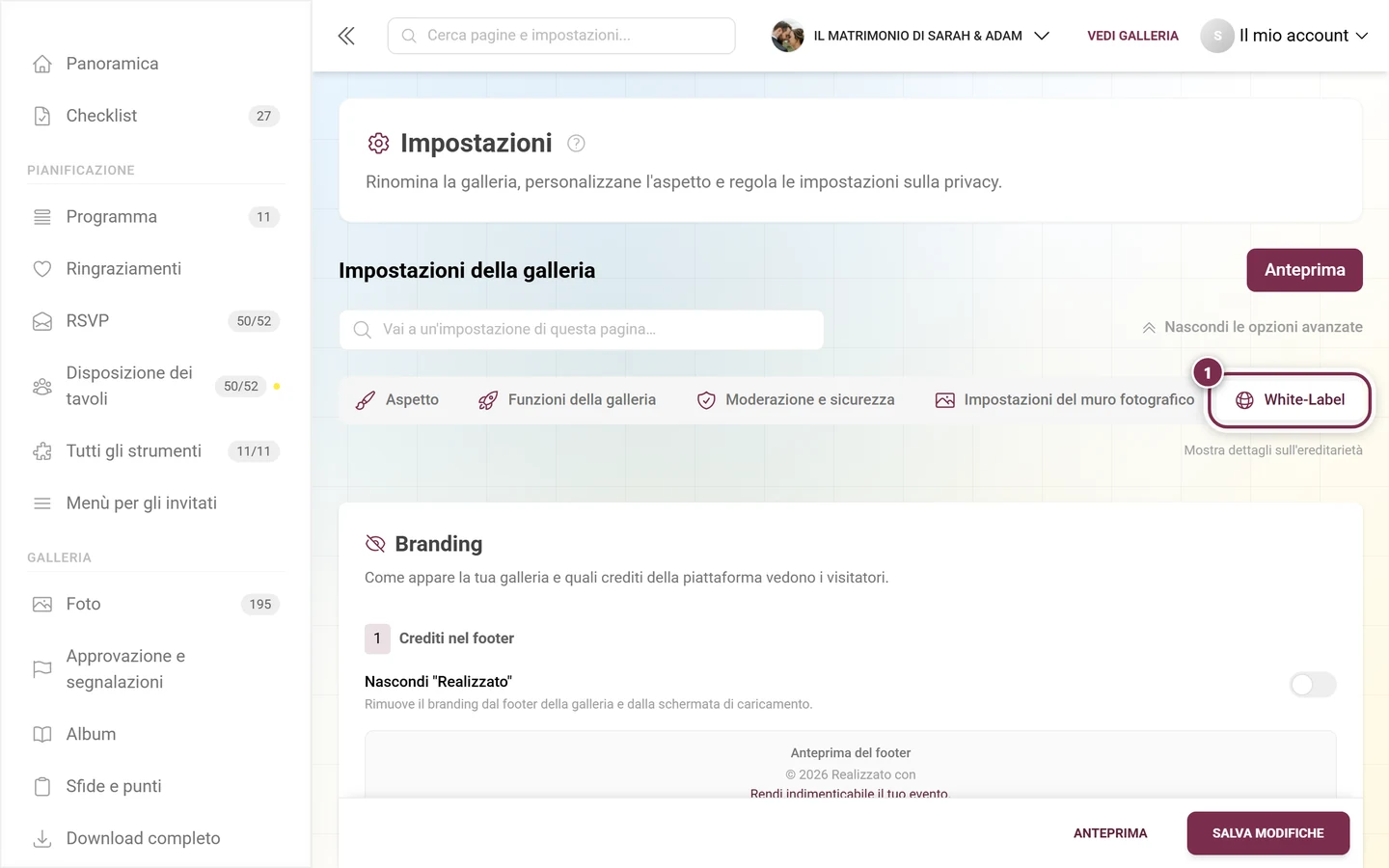 Barra delle schede delle impostazioni con la scheda White-Label evidenziata