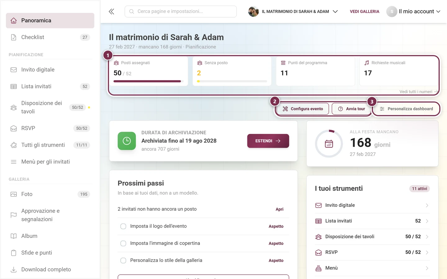 Dashboard di amministrazione con i pulsanti Configura evento, Avvia tour e Personalizza dashboard e la scheda Prossimi passi