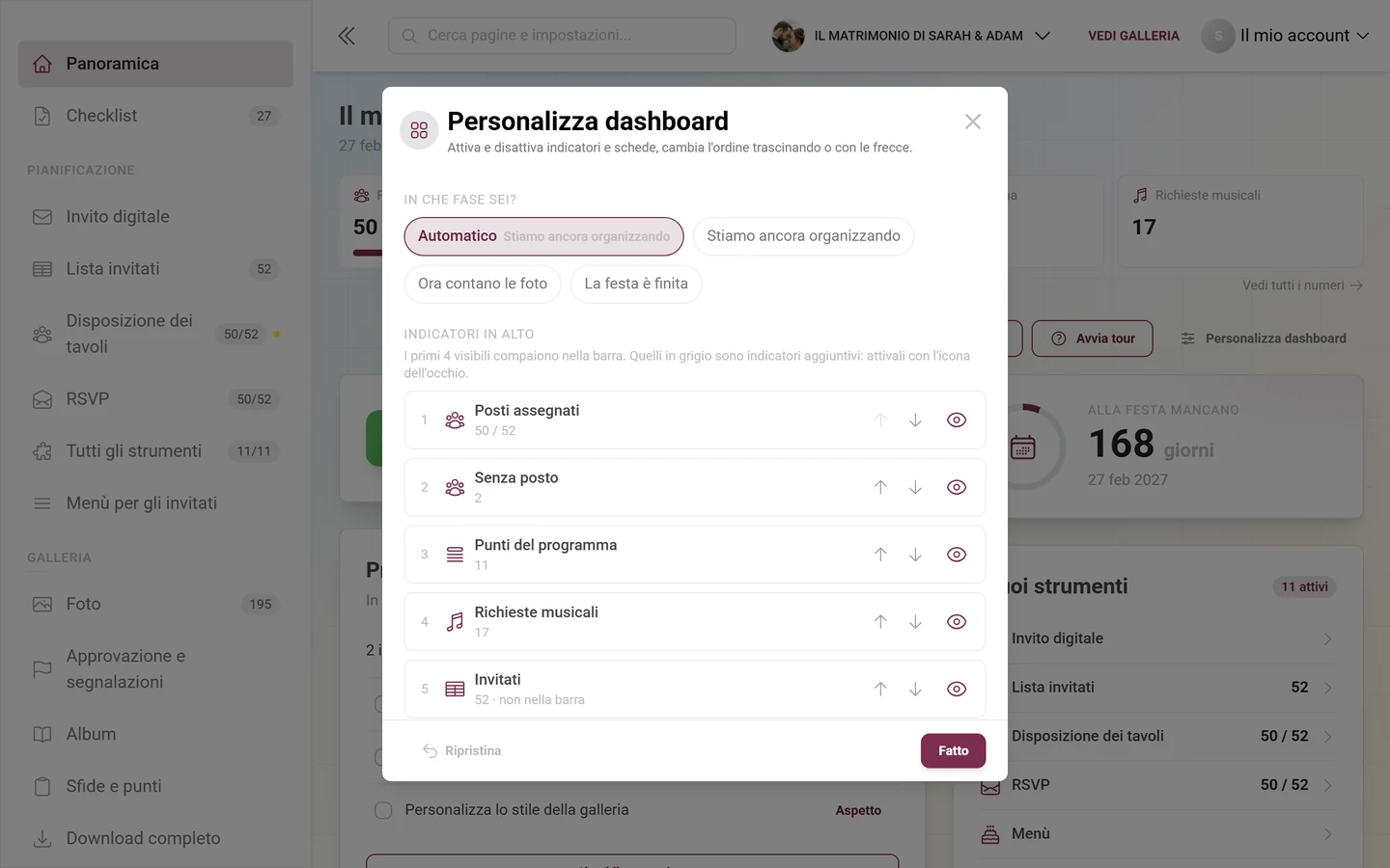 La finestra Personalizza dashboard con le pillole delle fasi, i numeri chiave e l'elenco delle schede