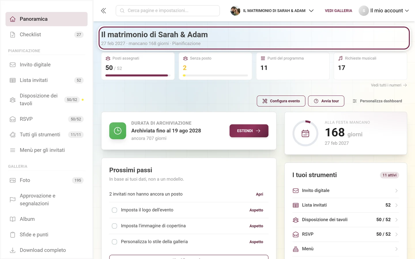 Intestazione della dashboard con il nome dell'evento e la riga con data, tempo rimanente e fase