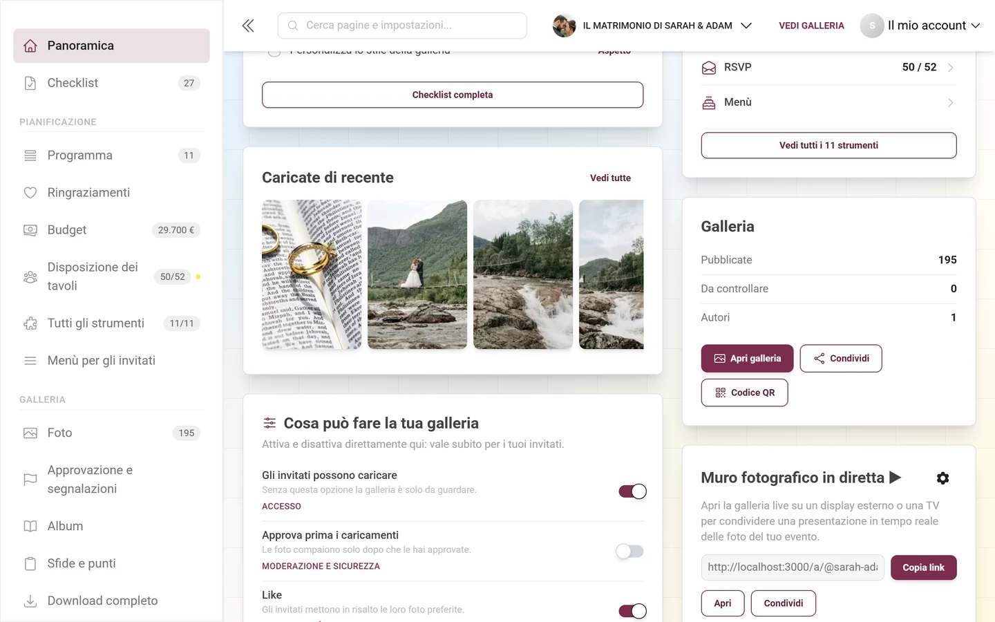 La scheda “Galleria” con i numeri e i pulsanti Apri galleria, Condividi, Codice QR