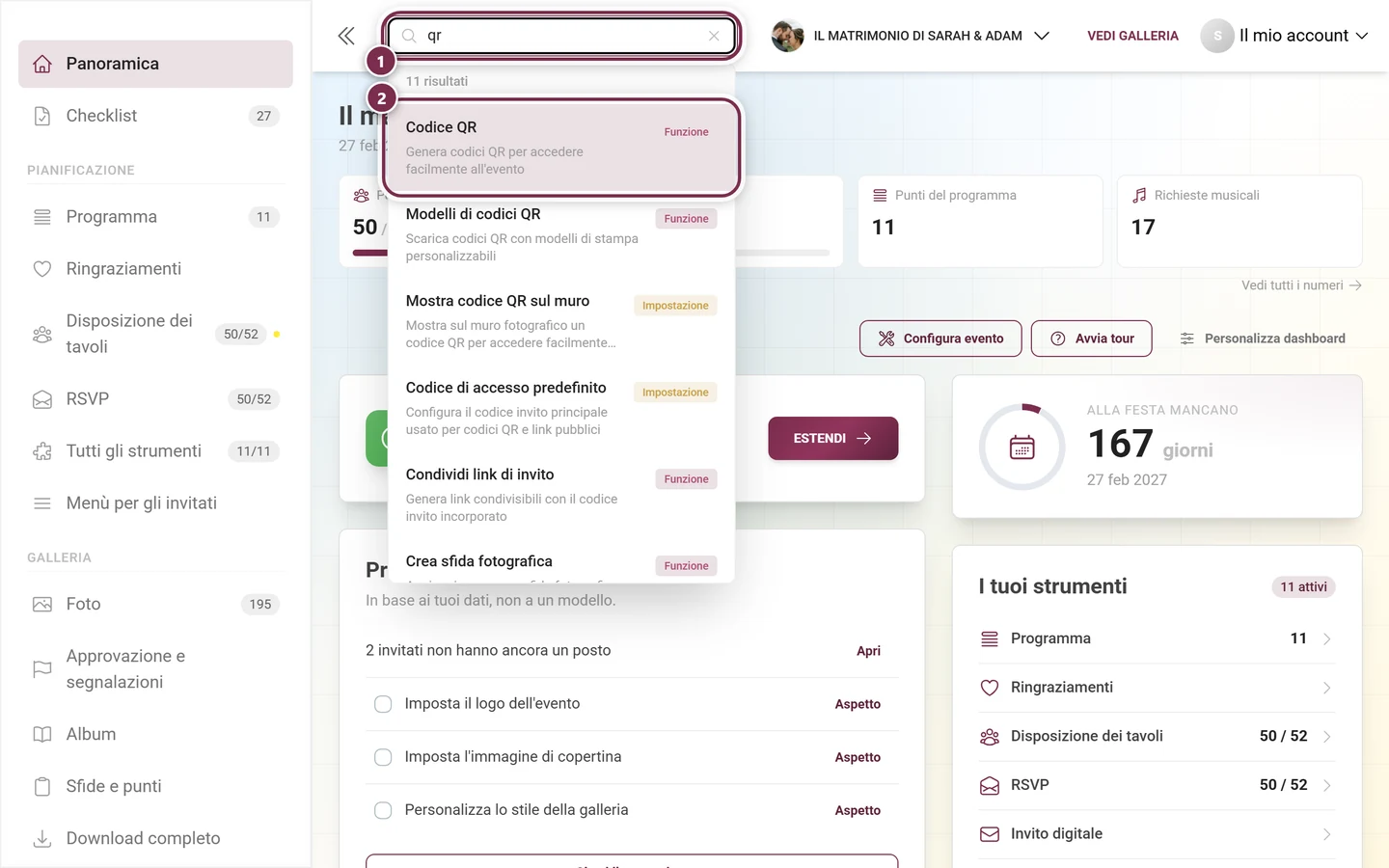 Ricerca globale nell'intestazione admin con un termine digitato e l'elenco dei risultati aperto