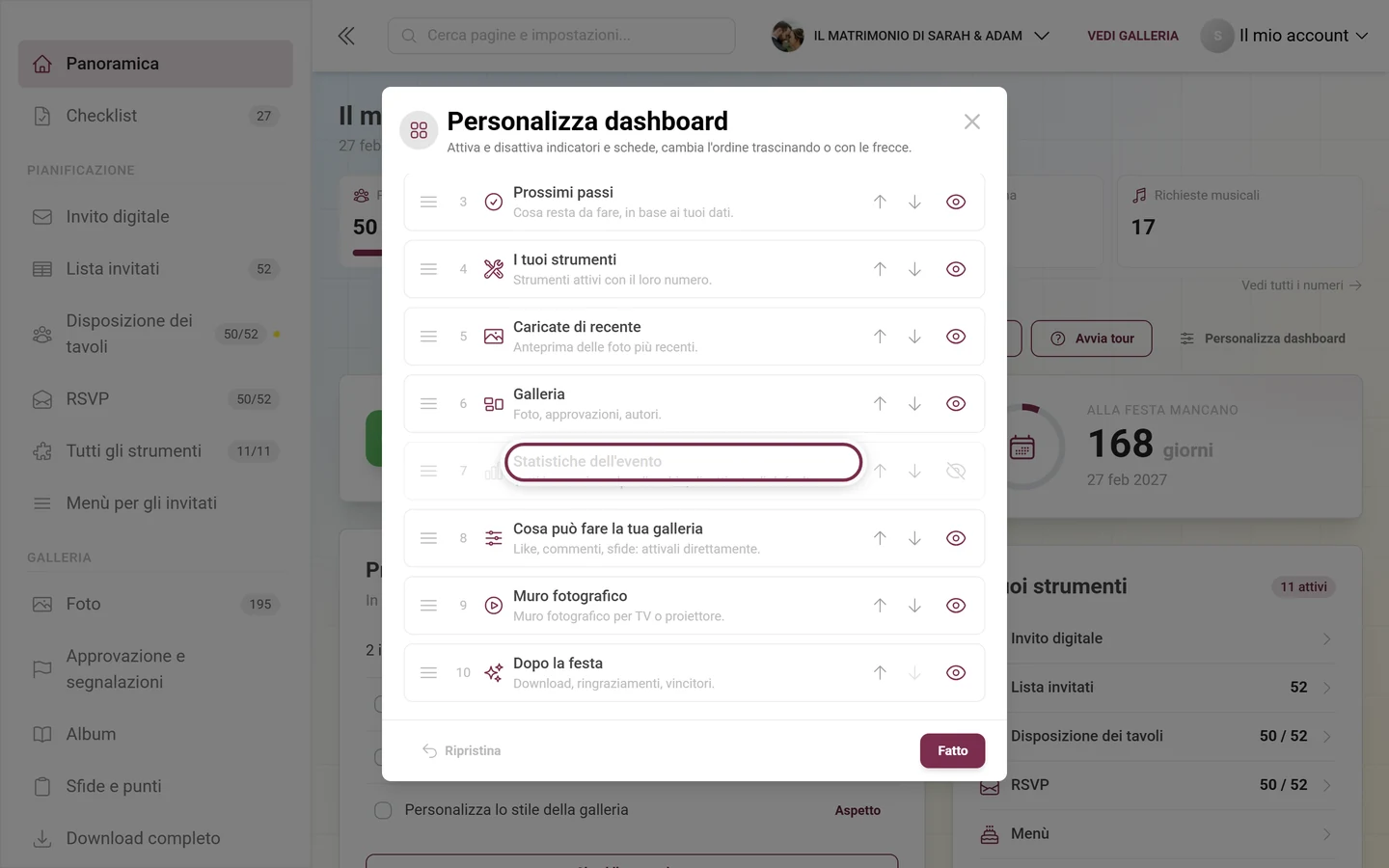 Finestra Personalizza dashboard con la scheda Statistiche dell'evento evidenziata
