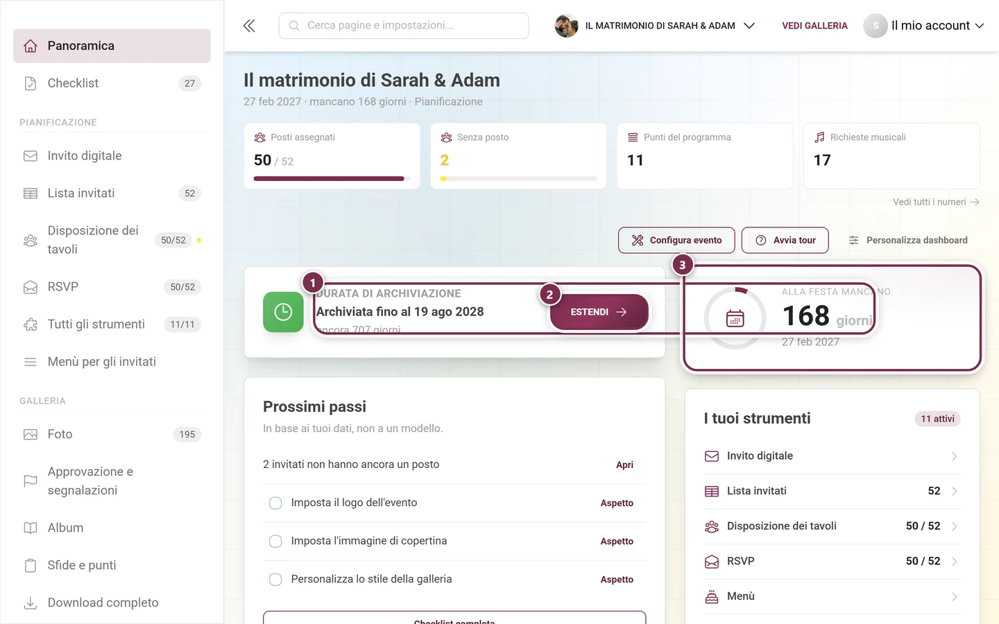 Le schede Durata di archiviazione e Conto alla rovescia nella dashboard