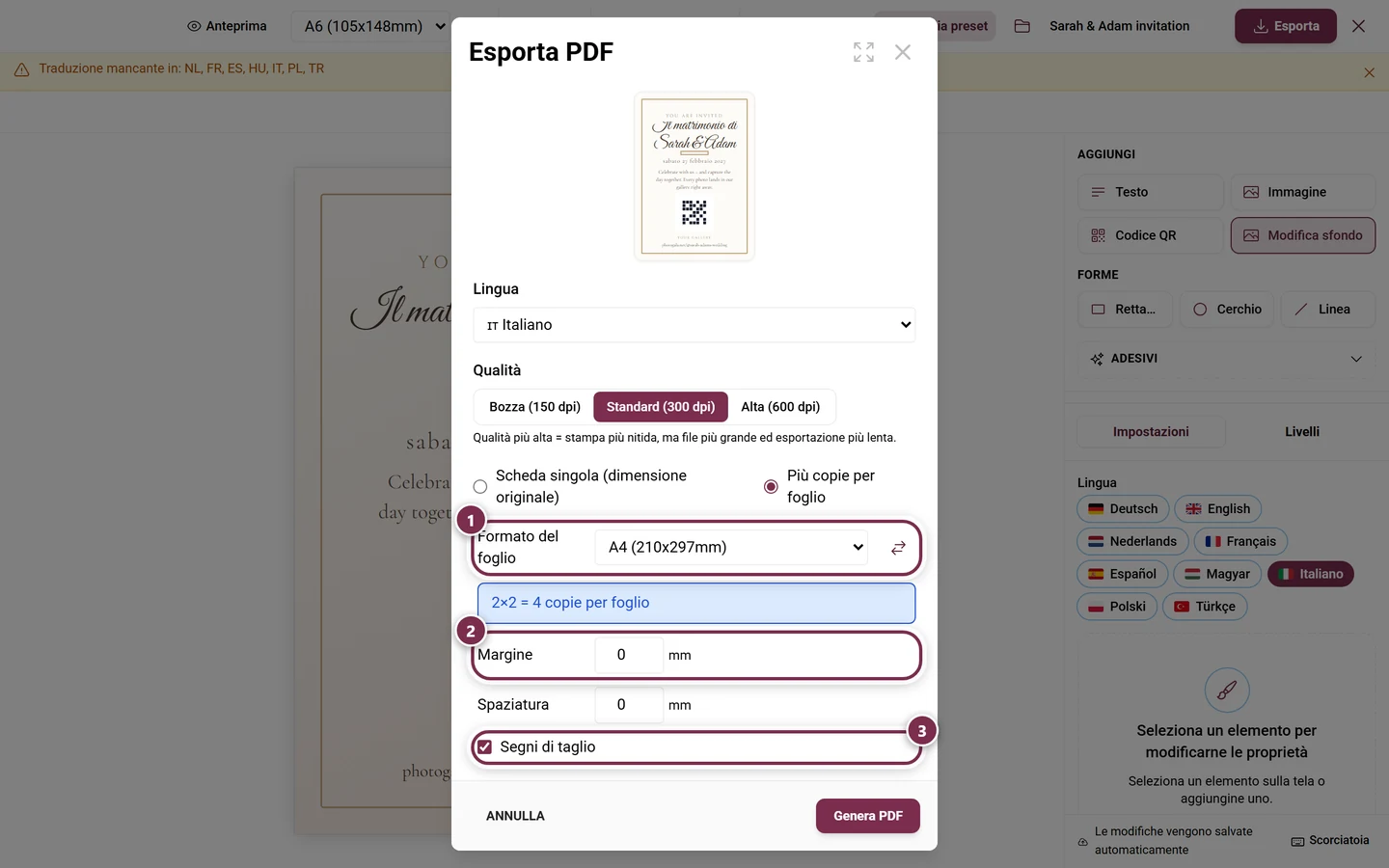 Opzioni del foglio nella finestra di esportazione con evidenziati Formato del foglio, Margine e Segni di taglio