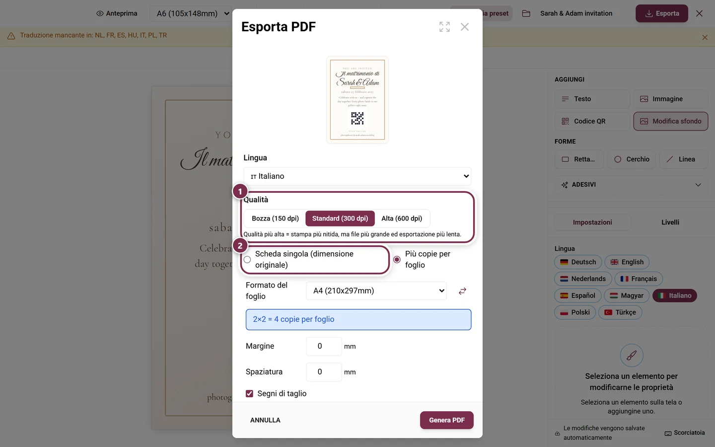 Finestra di esportazione del Design Studio con evidenziate la scelta della qualità e la scelta del layout